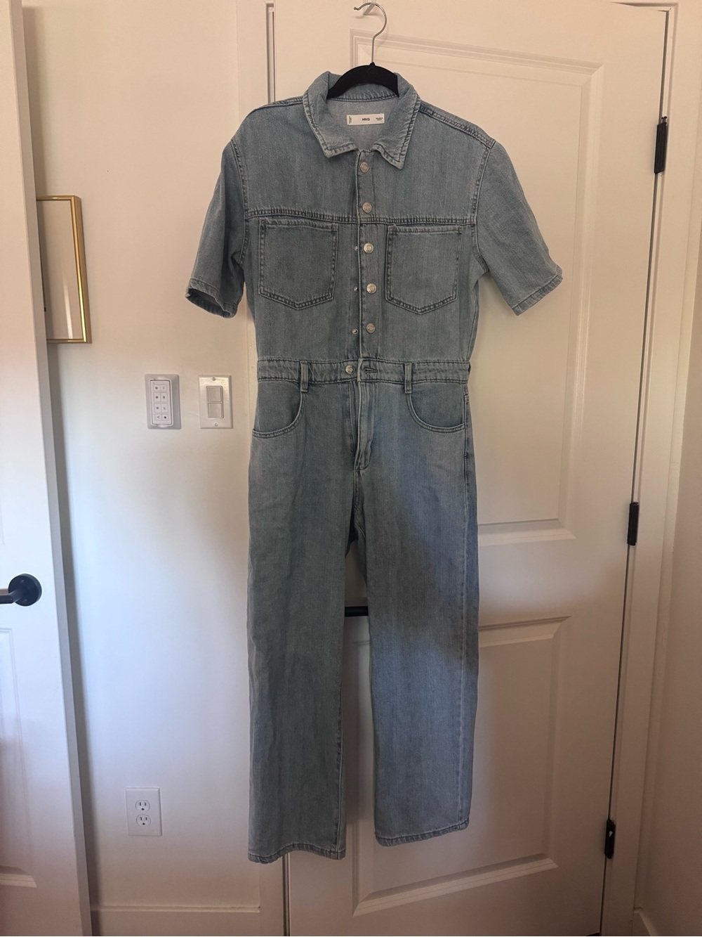 Mango Light Blue Short-Sleeve Denim Jumpsuit